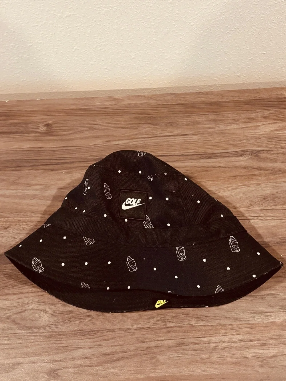 Nike Black Bucket Hat with White Praying Hands & Dot Pattern Sporty Activewear